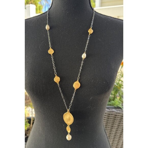 Chicos Blue Silver Gold Tone 18.5" Long Reversible Chain Statement Necklace NEW - Picture 3 of 14